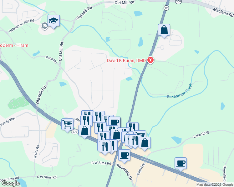 map of restaurants, bars, coffee shops, grocery stores, and more near 175 Russell Drive in Hiram