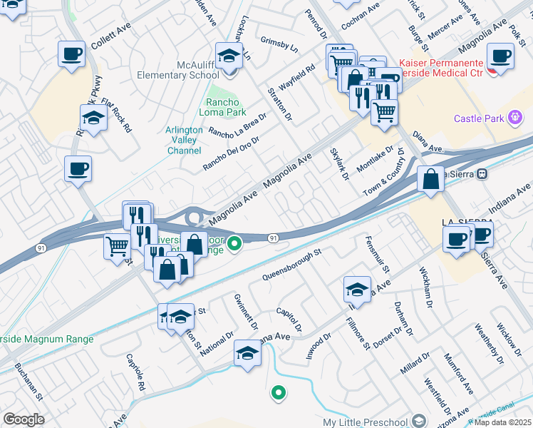 map of restaurants, bars, coffee shops, grocery stores, and more near 11510 Magnolia Avenue in Riverside