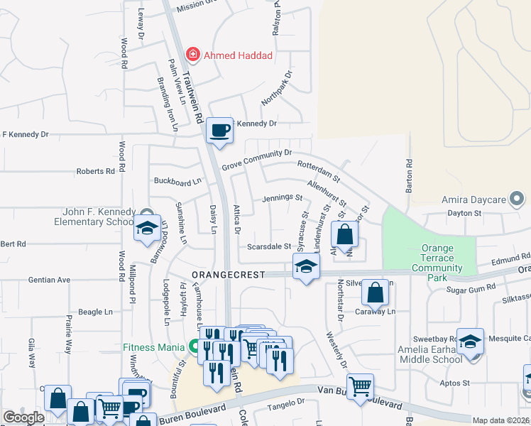 map of restaurants, bars, coffee shops, grocery stores, and more near 8401 Newburgh Street in Riverside