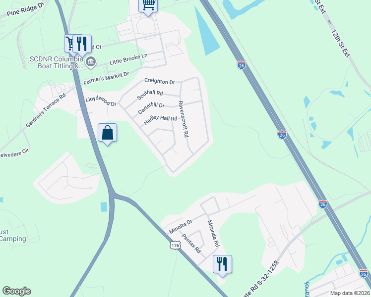 map of restaurants, bars, coffee shops, grocery stores, and more near 440 Ravenscroft Road in West Columbia