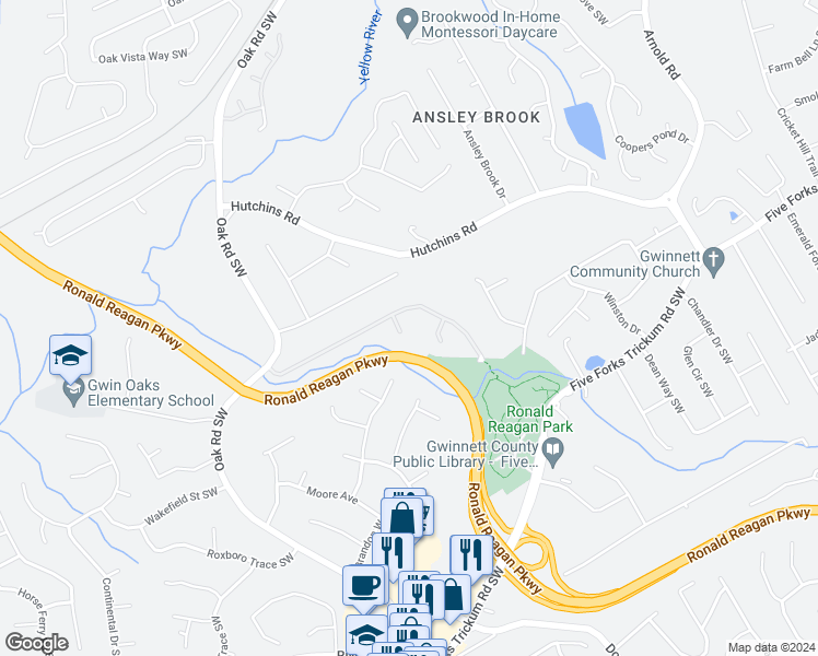 map of restaurants, bars, coffee shops, grocery stores, and more near 588 Michael Court Southwest in Lawrenceville
