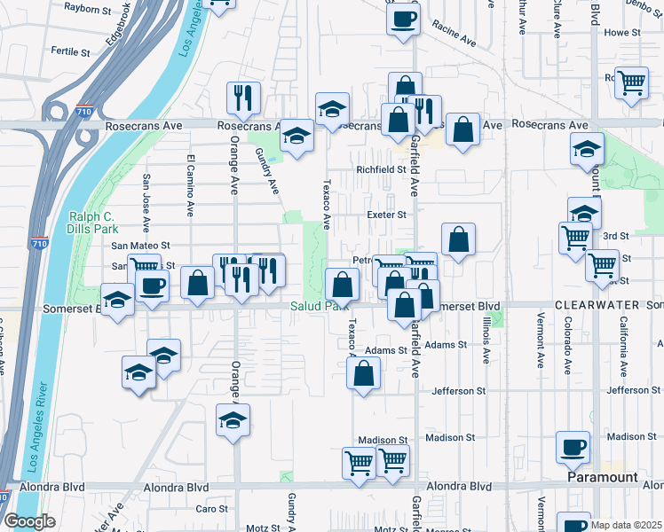 map of restaurants, bars, coffee shops, grocery stores, and more near 14748 Texaco Avenue in Paramount