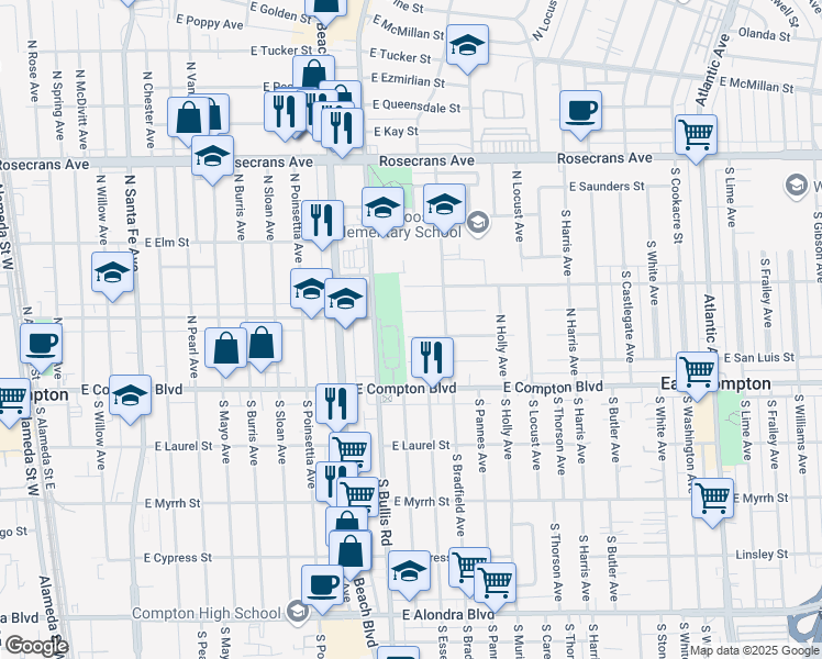 map of restaurants, bars, coffee shops, grocery stores, and more near 1605 East San Marcus Street in Compton