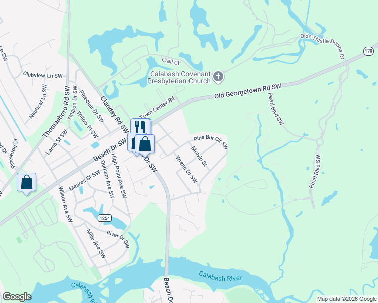 map of restaurants, bars, coffee shops, grocery stores, and more near 1107 Melvin Drive Southwest in Sunset Beach