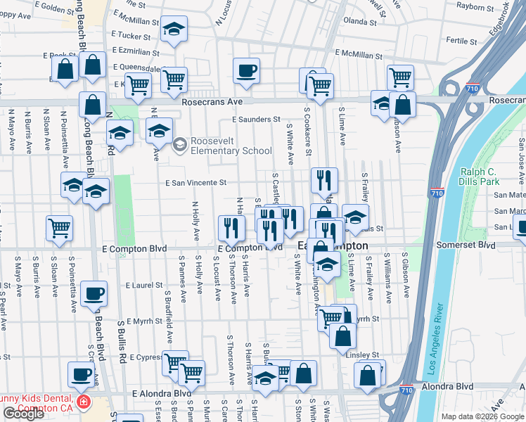 map of restaurants, bars, coffee shops, grocery stores, and more near 14822 South Butler Avenue in Compton