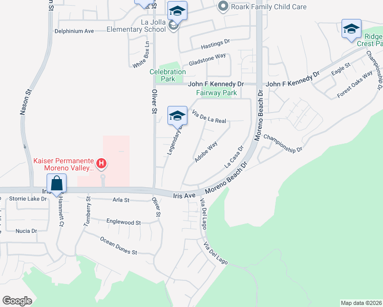 map of restaurants, bars, coffee shops, grocery stores, and more near 15339 La Palma Way in Moreno Valley