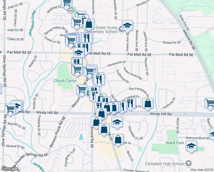 map of restaurants, bars, coffee shops, grocery stores, and more near 2232 Old Spring Road in Smyrna