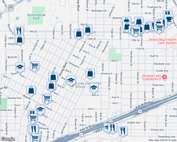 map of restaurants, bars, coffee shops, grocery stores, and more near 1402 Monroe Street in Wichita Falls