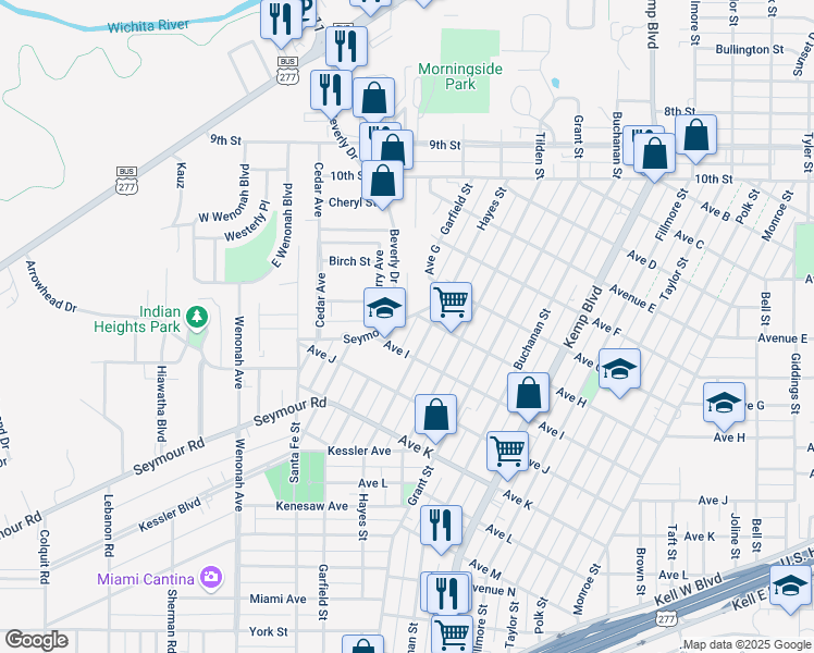 map of restaurants, bars, coffee shops, grocery stores, and more near 1717 Beverly Drive in Wichita Falls