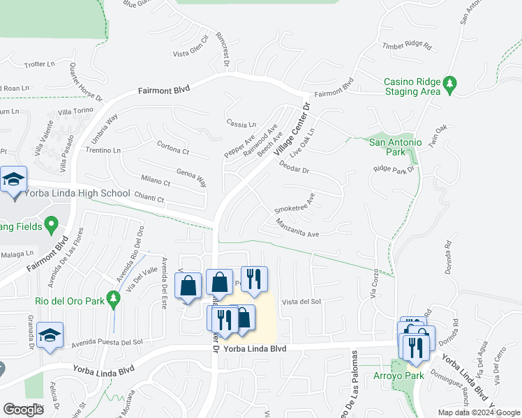 map of restaurants, bars, coffee shops, grocery stores, and more near 4334 Mahogany Circle in Yorba Linda