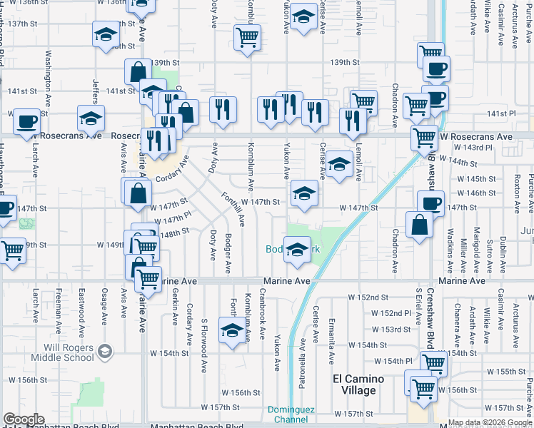 map of restaurants, bars, coffee shops, grocery stores, and more near 3634 West 147th Street in Hawthorne