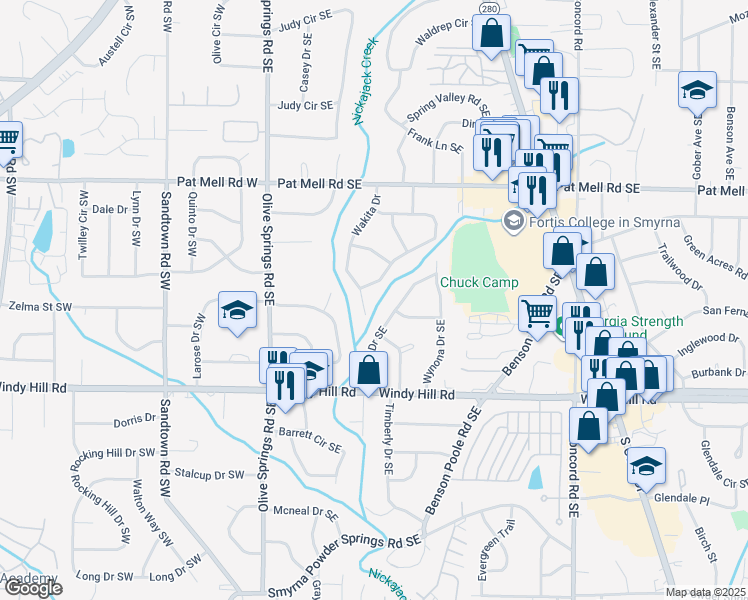 map of restaurants, bars, coffee shops, grocery stores, and more near 138 Deer Creek Trail Southeast in Marietta