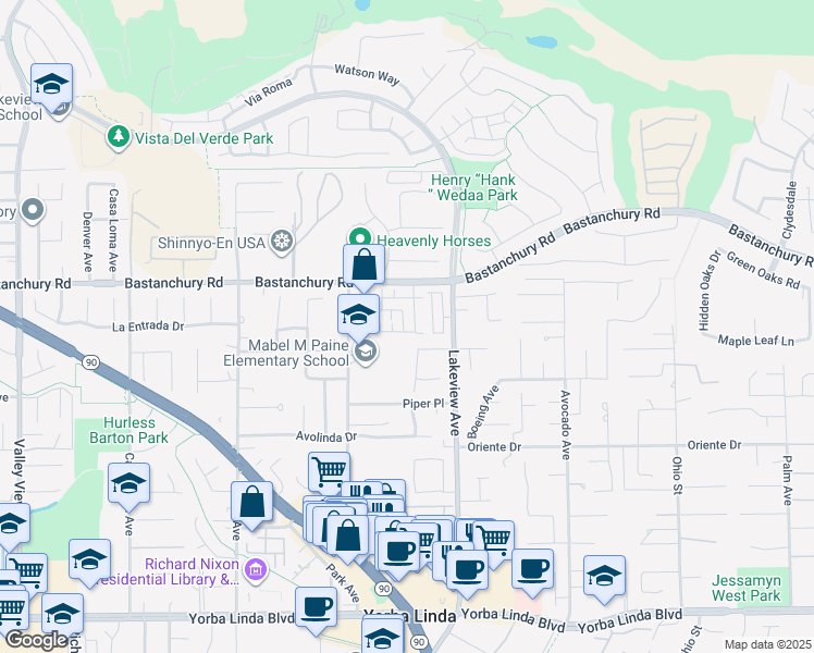 map of restaurants, bars, coffee shops, grocery stores, and more near 4347 Canyon Coral Lane in Yorba Linda