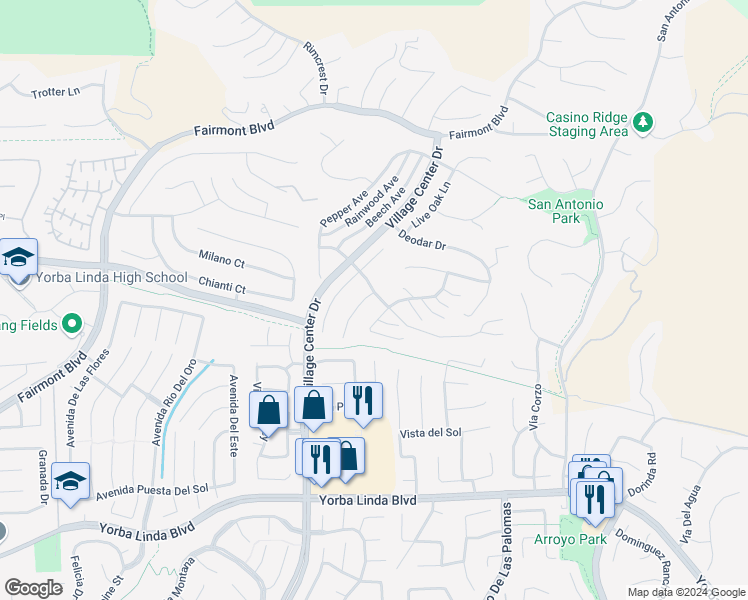 map of restaurants, bars, coffee shops, grocery stores, and more near 4334 Mahogany Circle in Yorba Linda