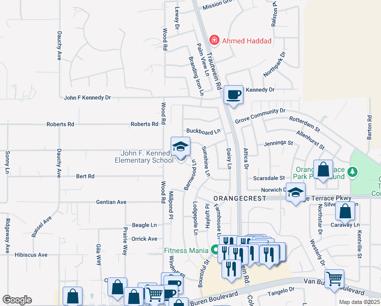map of restaurants, bars, coffee shops, grocery stores, and more near 8348 Barnwood Lane in Riverside