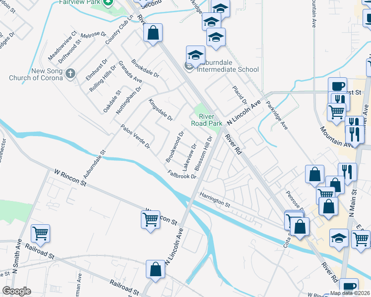 map of restaurants, bars, coffee shops, grocery stores, and more near 1156 Millstream Lane in Corona