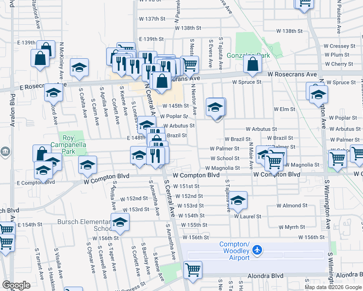 map of restaurants, bars, coffee shops, grocery stores, and more near 1616 West Palmer Street in Compton