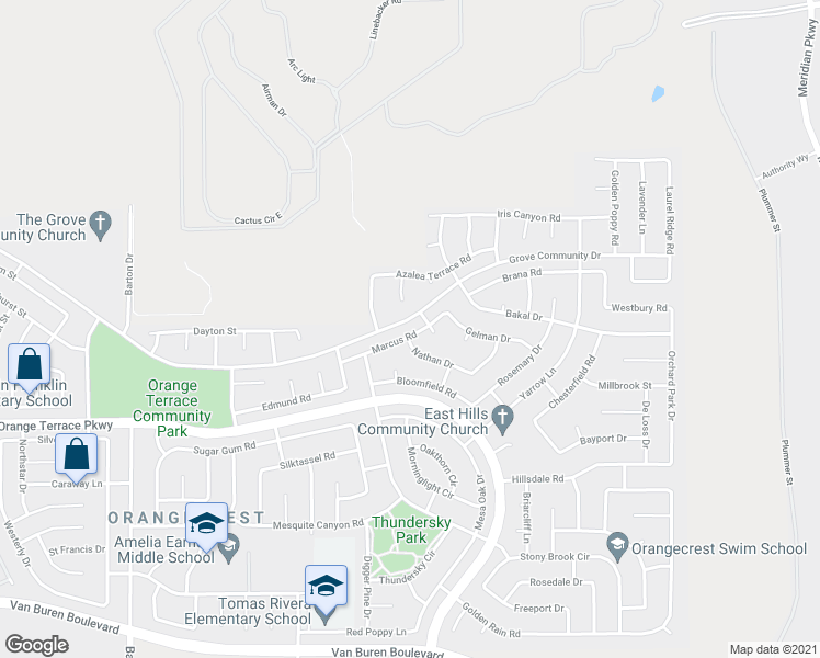 map of restaurants, bars, coffee shops, grocery stores, and more near 8344 Valley View Circle in Riverside