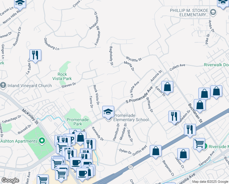 map of restaurants, bars, coffee shops, grocery stores, and more near 754 La Loma Lane in Corona