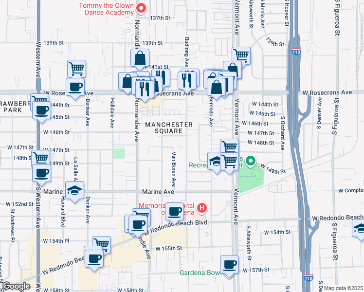 map of restaurants, bars, coffee shops, grocery stores, and more near 14626 Budlong Avenue in Gardena