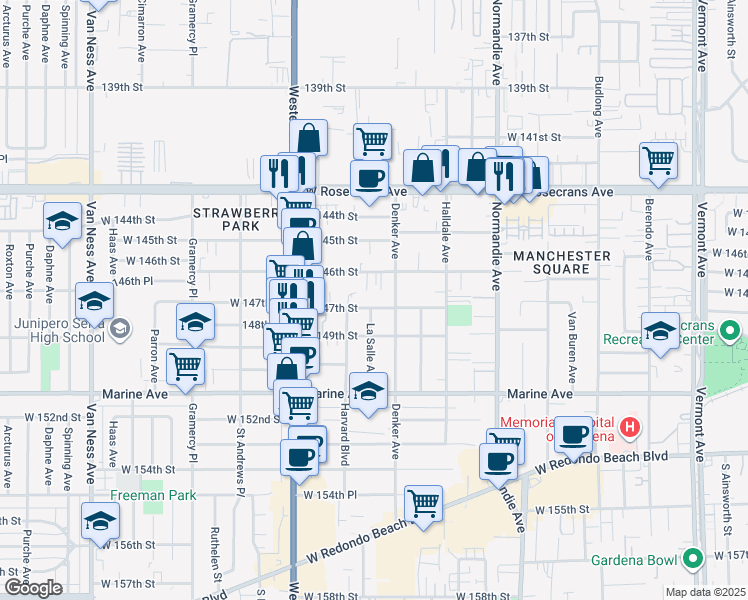 map of restaurants, bars, coffee shops, grocery stores, and more near 14615 Denker Avenue in Gardena