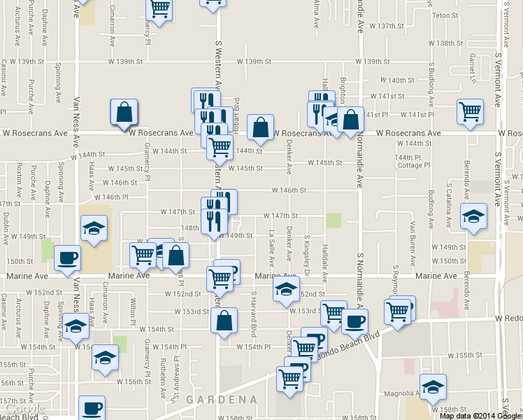 map of restaurants, bars, coffee shops, grocery stores, and more near 1652 West 146th Street in Gardena