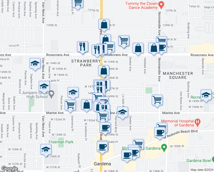 map of restaurants, bars, coffee shops, grocery stores, and more near 1730 West 146th Street in Gardena