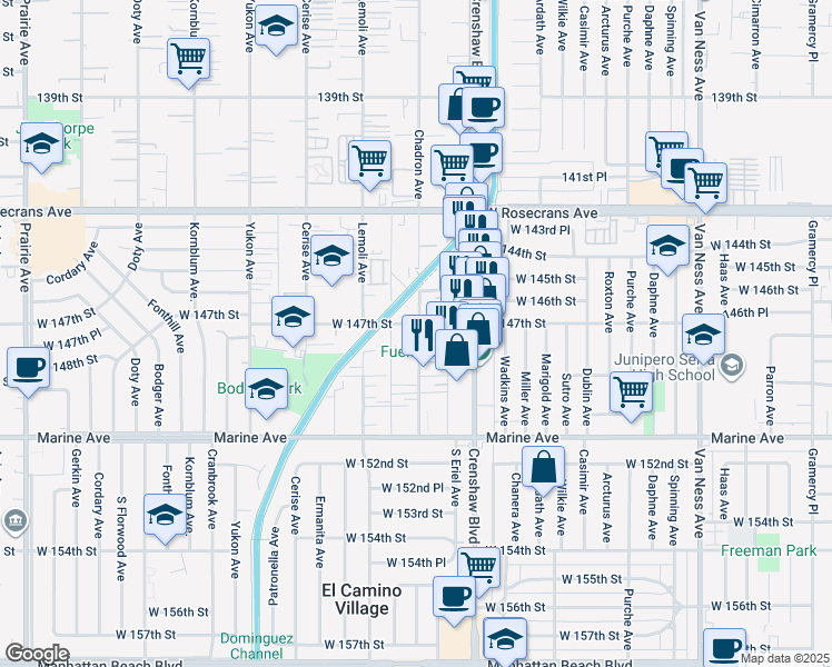 map of restaurants, bars, coffee shops, grocery stores, and more near 3207 West 147th Street in Gardena