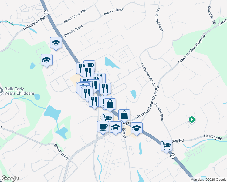 map of restaurants, bars, coffee shops, grocery stores, and more near 648 Bishopton Street Southeast in Grayson