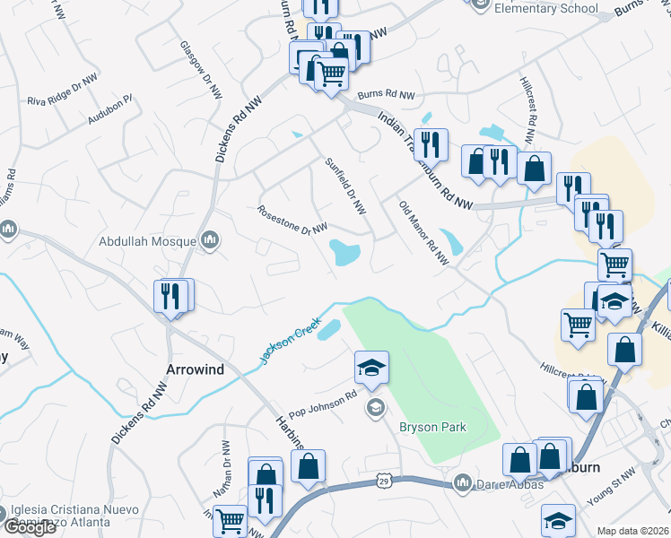 map of restaurants, bars, coffee shops, grocery stores, and more near 5224 Birdlake Drive Northwest in Lilburn