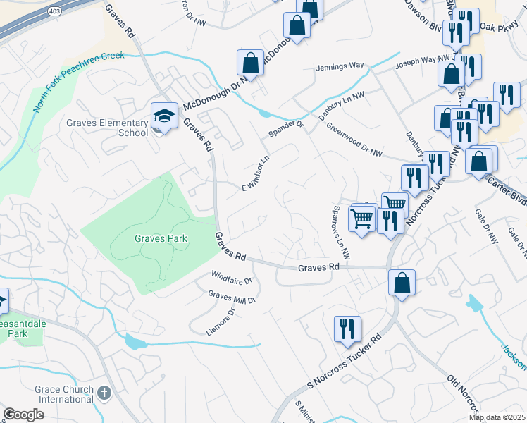 map of restaurants, bars, coffee shops, grocery stores, and more near 3403 Tree House Parkway in Norcross