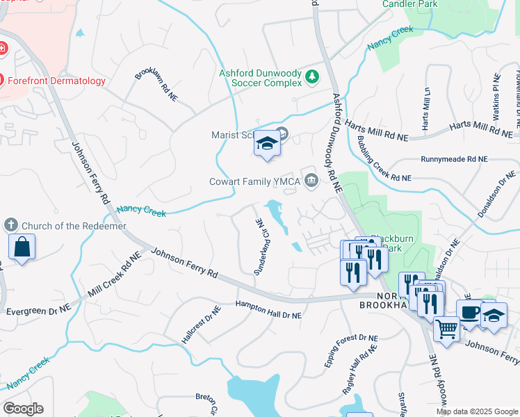 map of restaurants, bars, coffee shops, grocery stores, and more near 1291 Sunderland Court Northeast in Atlanta