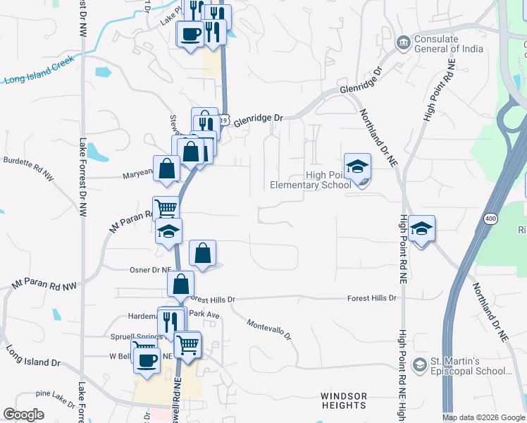 map of restaurants, bars, coffee shops, grocery stores, and more near 480 Belada Boulevard in Sandy Springs