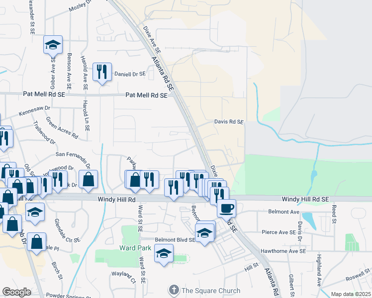 map of restaurants, bars, coffee shops, grocery stores, and more near 2220 Atlanta Road Southeast in Smyrna