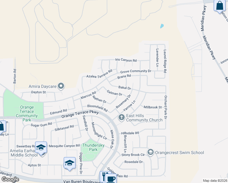map of restaurants, bars, coffee shops, grocery stores, and more near 20640 Gelman Drive in Riverside