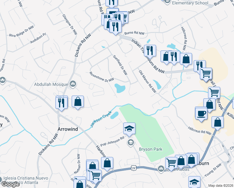 map of restaurants, bars, coffee shops, grocery stores, and more near 5224 Birdlake Drive Northwest in Lilburn