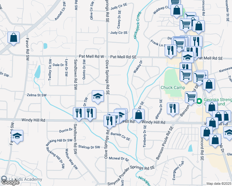 map of restaurants, bars, coffee shops, grocery stores, and more near 140 Larose Circle Southeast in Marietta