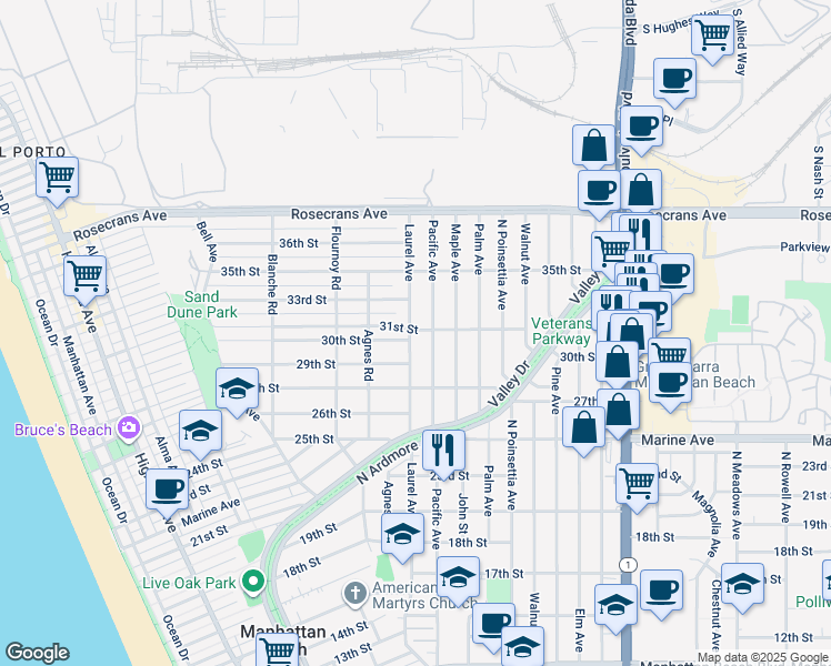 map of restaurants, bars, coffee shops, grocery stores, and more near 3010 Laurel Avenue in Manhattan Beach