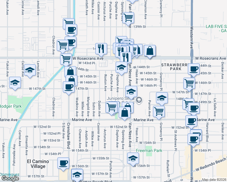 map of restaurants, bars, coffee shops, grocery stores, and more near 14623 Daphne Avenue in Gardena