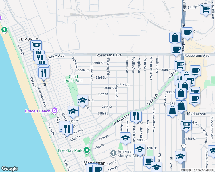 map of restaurants, bars, coffee shops, grocery stores, and more near 705 31st Street in Manhattan Beach