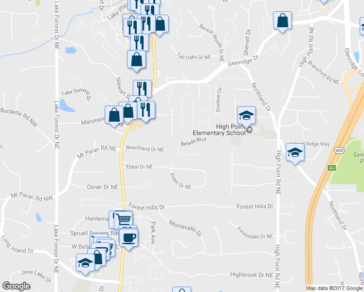 map of restaurants, bars, coffee shops, grocery stores, and more near 480 Belada Boulevard in Sandy Springs