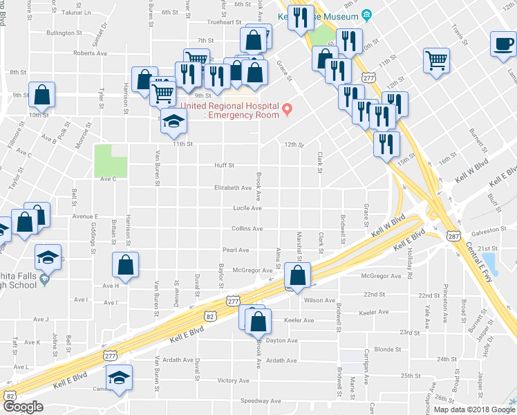 map of restaurants, bars, coffee shops, grocery stores, and more near 1598 Brook Avenue in Wichita Falls