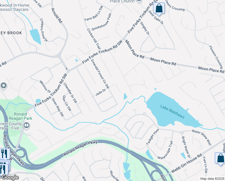 map of restaurants, bars, coffee shops, grocery stores, and more near 680 Emerald Forest Circle Southwest in Lawrenceville