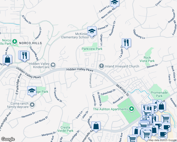 map of restaurants, bars, coffee shops, grocery stores, and more near 996 Cimarron Place in Corona