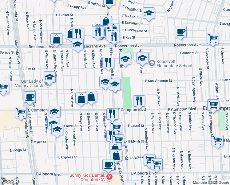 map of restaurants, bars, coffee shops, grocery stores, and more near 400 North Bowen Avenue in Compton