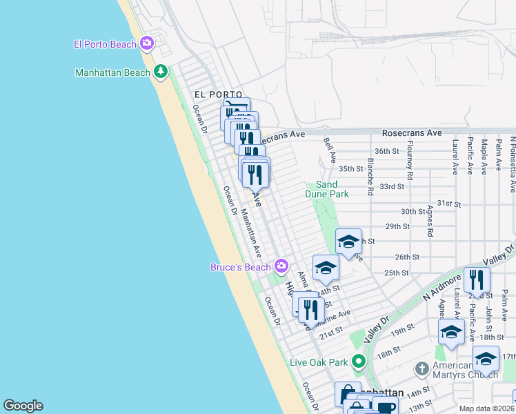 map of restaurants, bars, coffee shops, grocery stores, and more near 232 32nd Place in Manhattan Beach