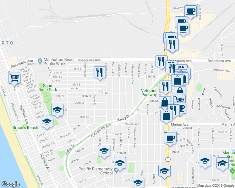 map of restaurants, bars, coffee shops, grocery stores, and more near 3013 Maple Avenue in Manhattan Beach