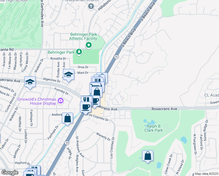 map of restaurants, bars, coffee shops, grocery stores, and more near 3110 Cochise Way in Fullerton