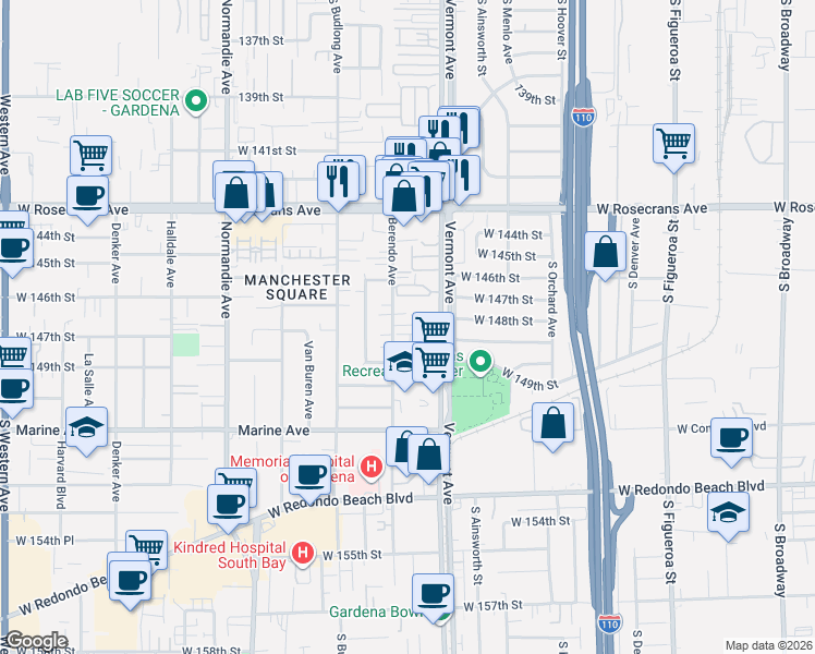map of restaurants, bars, coffee shops, grocery stores, and more near 14700 Berendo Avenue in Gardena