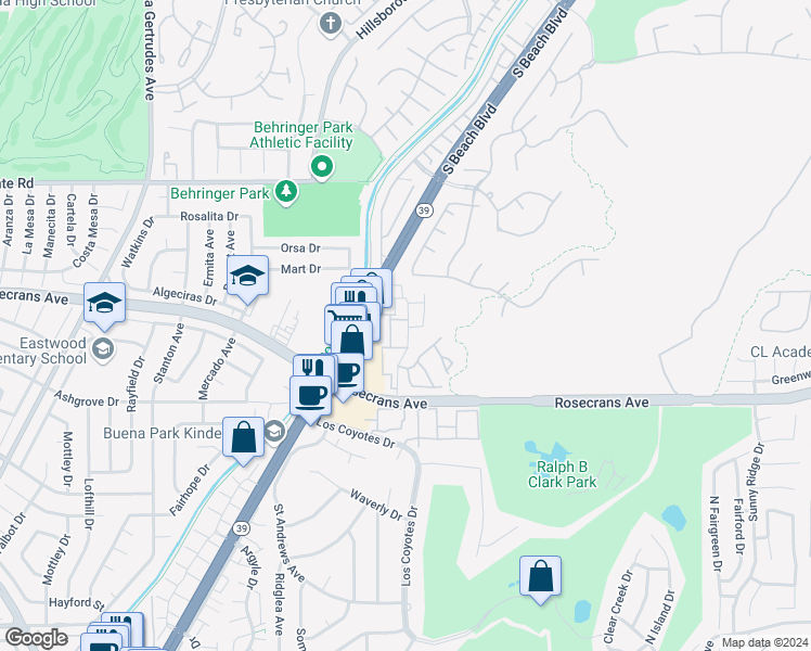 map of restaurants, bars, coffee shops, grocery stores, and more near 3055 Colt Way in Fullerton